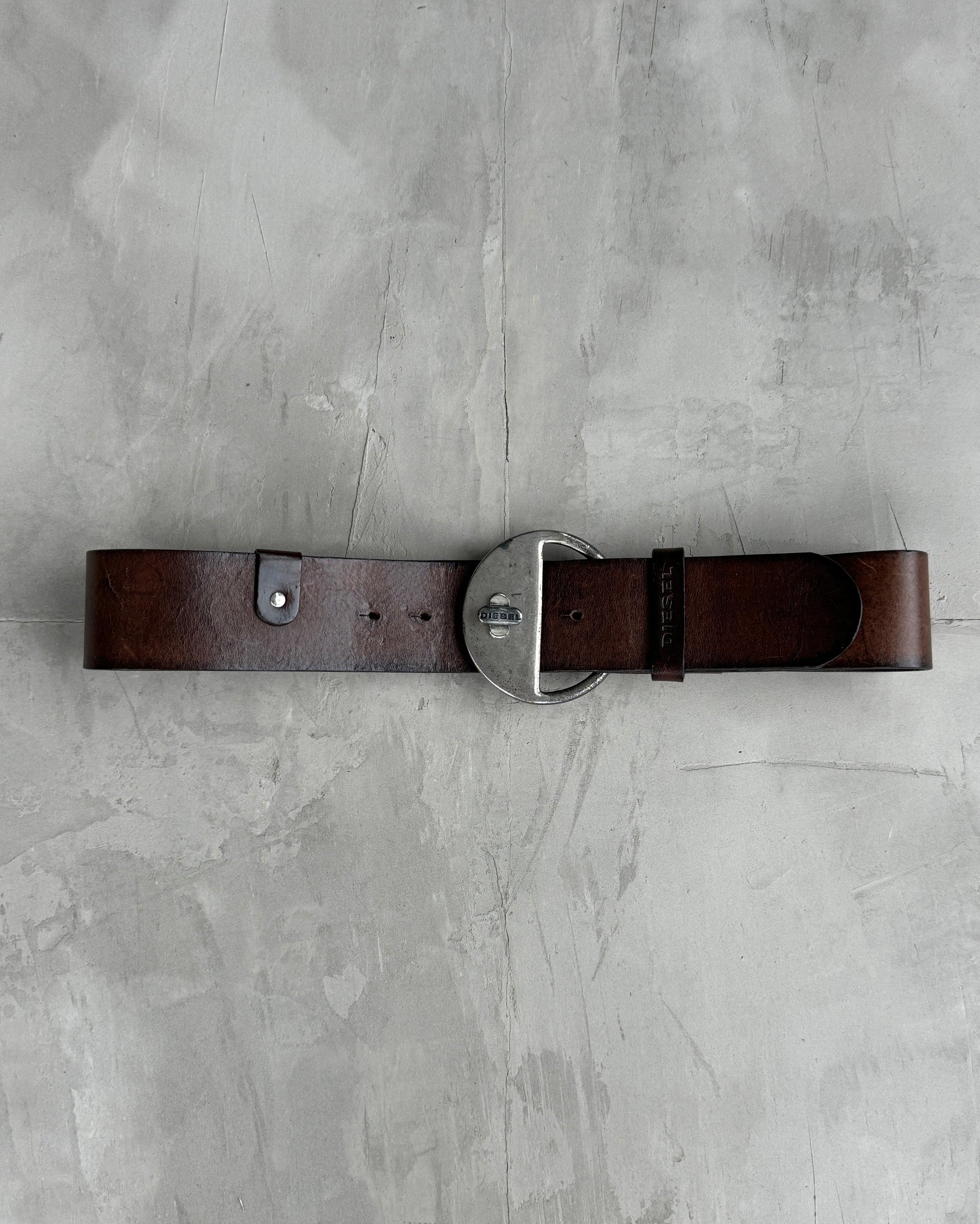 DIESEL CHUNKY METAL & BROWN LEATHER BELT - M - Known Source