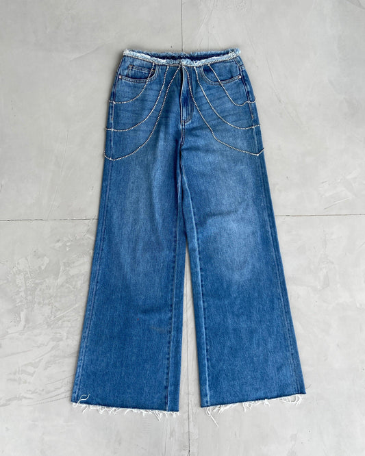 MISS SIXTY BEADED DENIM WIDE LEG JEANS - W27" - Known Source