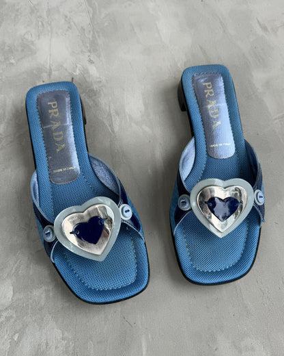 PRADA 2000'S BLUE LEATHER & HEART MULES FLATS - EU 36.5 / UK 3.5 - Known Source