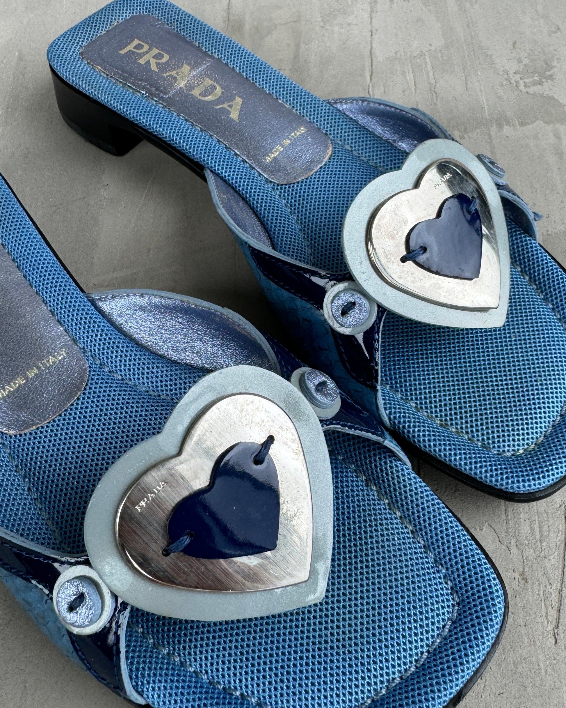 PRADA 2000'S BLUE LEATHER & HEART MULES FLATS - EU 36.5 / UK 3.5 - Known Source