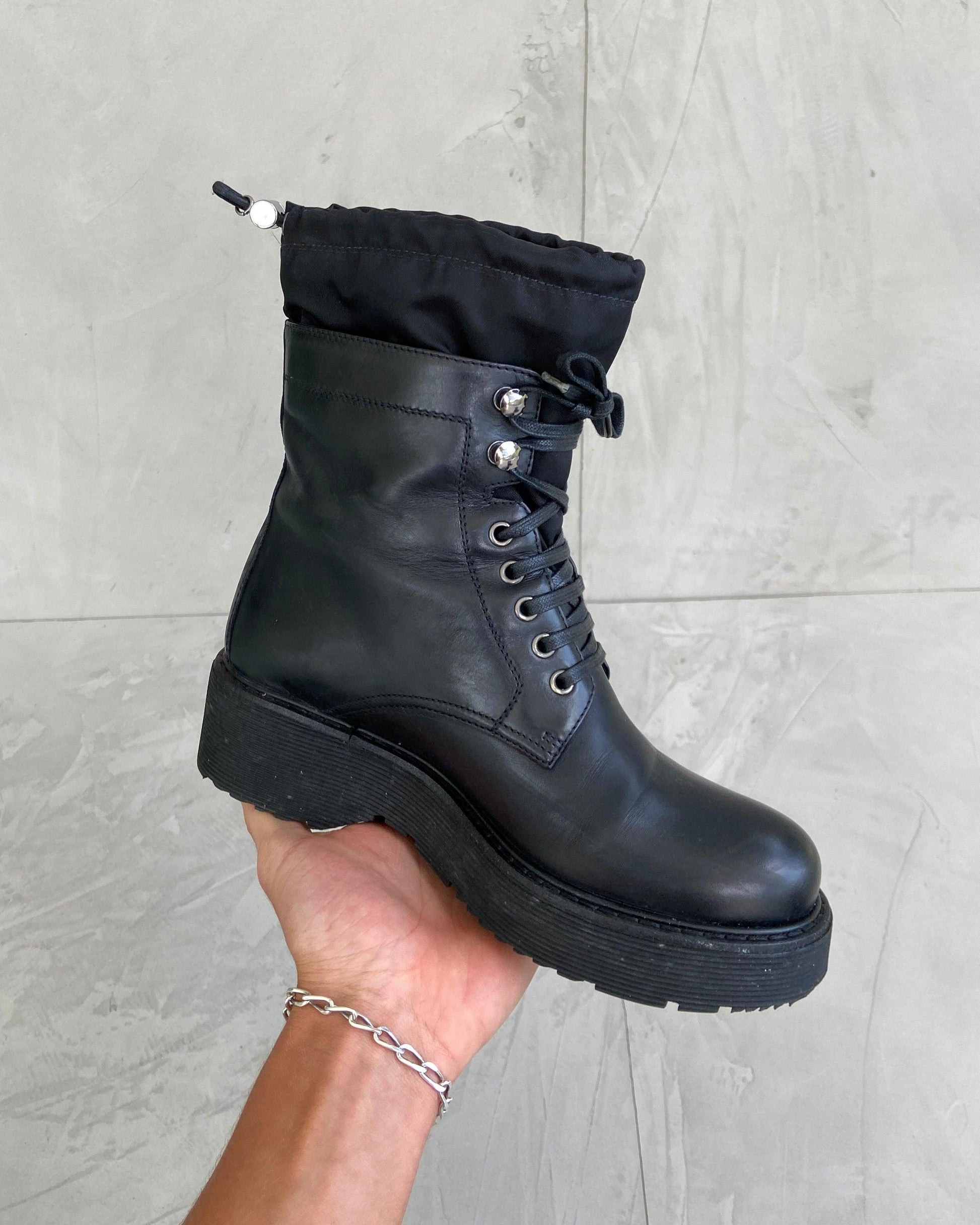 PRADA 2000'S LEATHER COMBAT BIKER BOOTS - UK 4 - Known Source