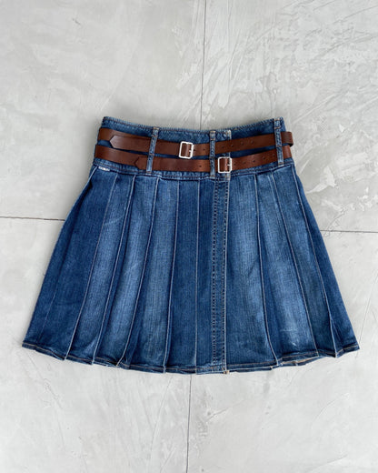 BURBERRY WRAP DOUBLE BELT PLEATED DENIM SKIRT - S/M - Known Source
