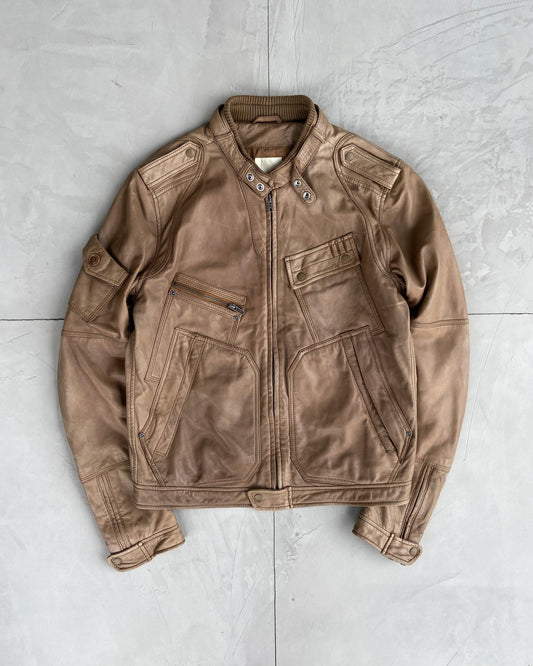 DIESEL 00'S BROWN CARGO LEATHER JACKET - L - Known Source