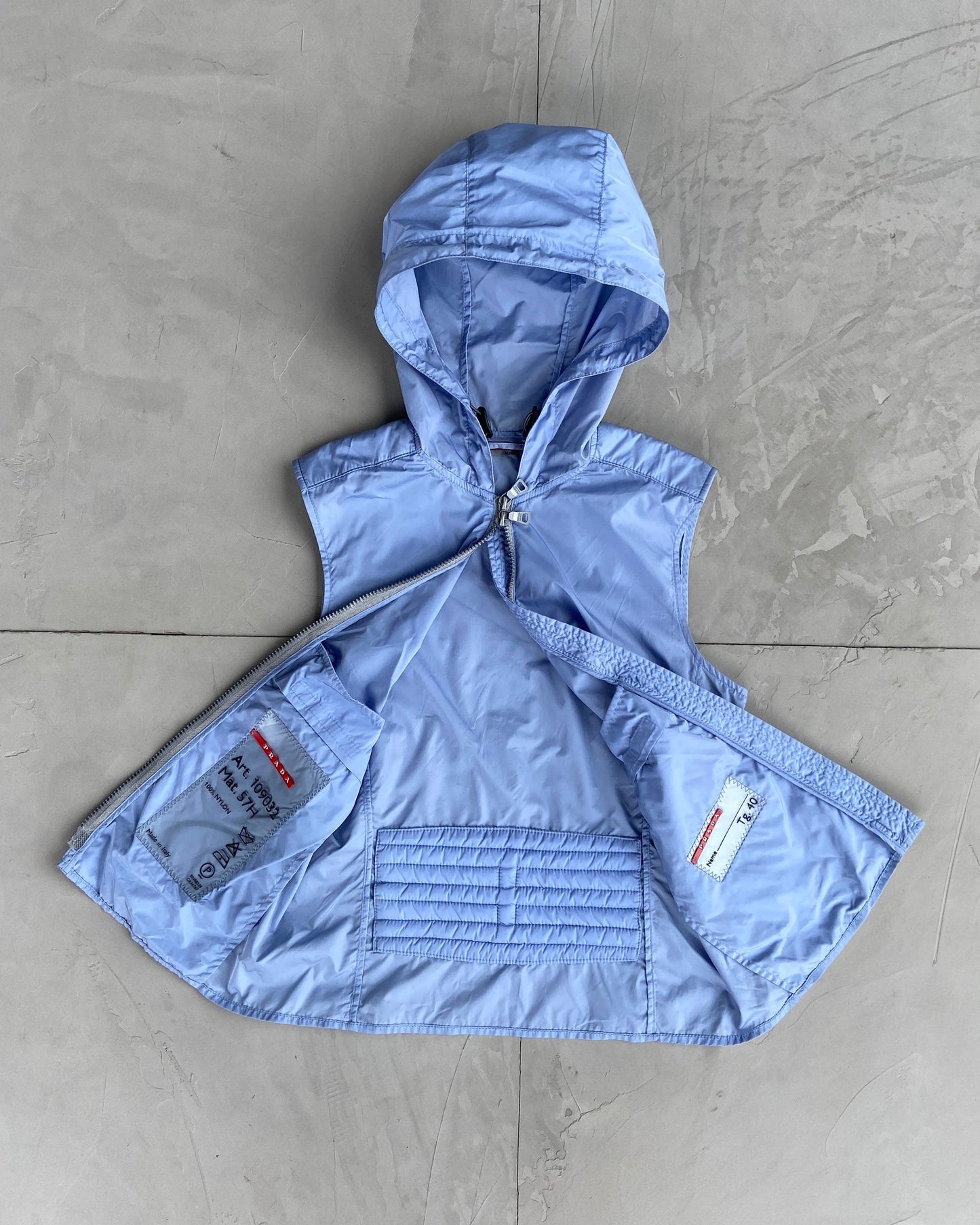 PRADA SS1999 BABY BLUE NYLON HOODED TOP - S/M - Known Source