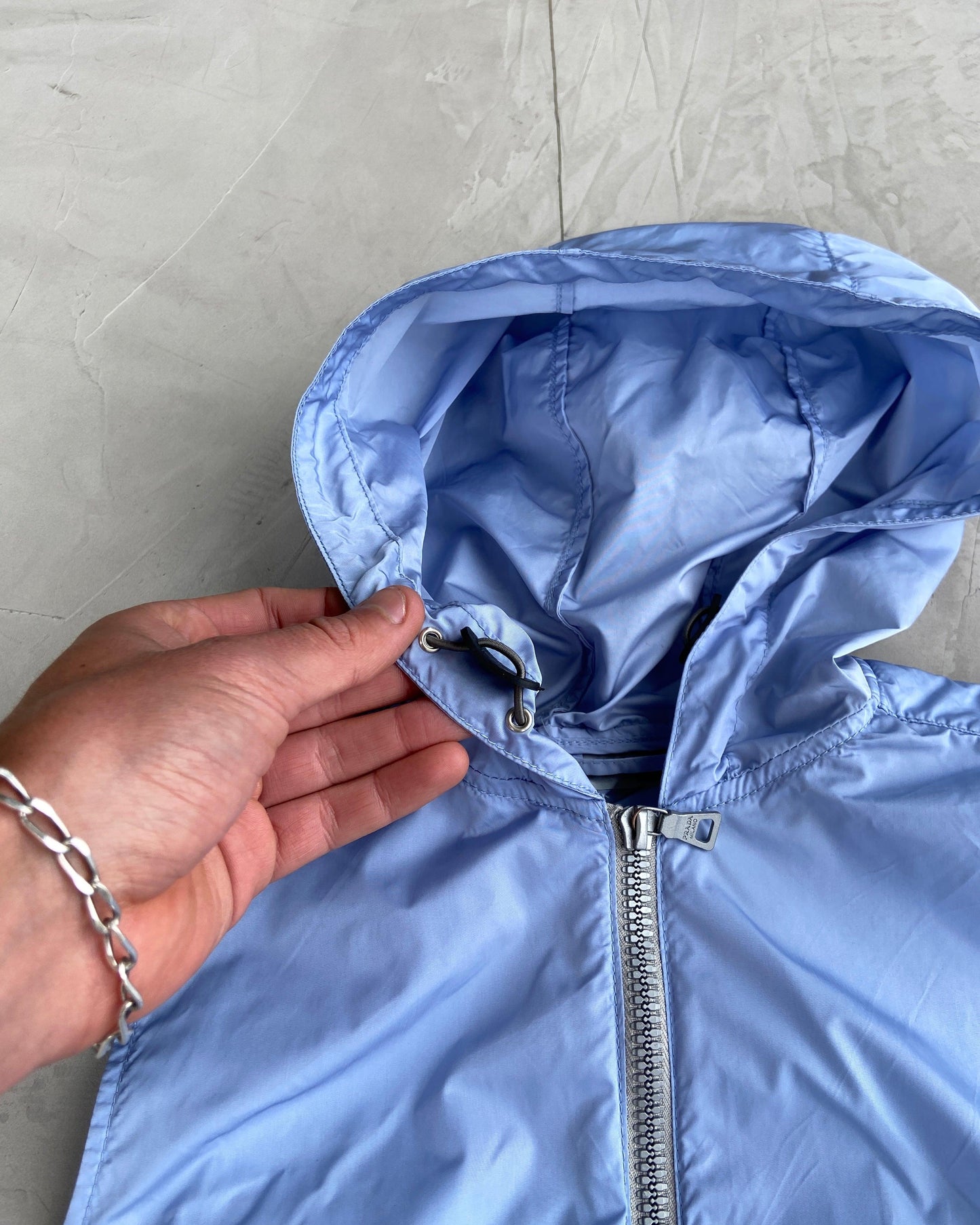 PRADA SS1999 BABY BLUE NYLON HOODED TOP - S/M - Known Source