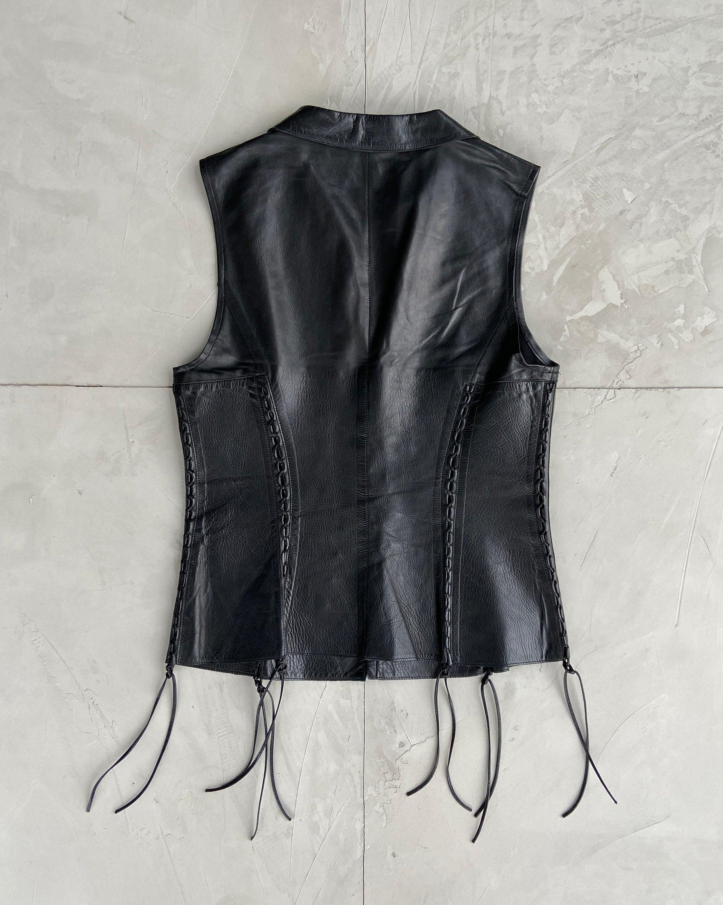 ROBERTO CAVALLI 2000'S LEATHER LACE UP WAIST COAT - L - Known Source