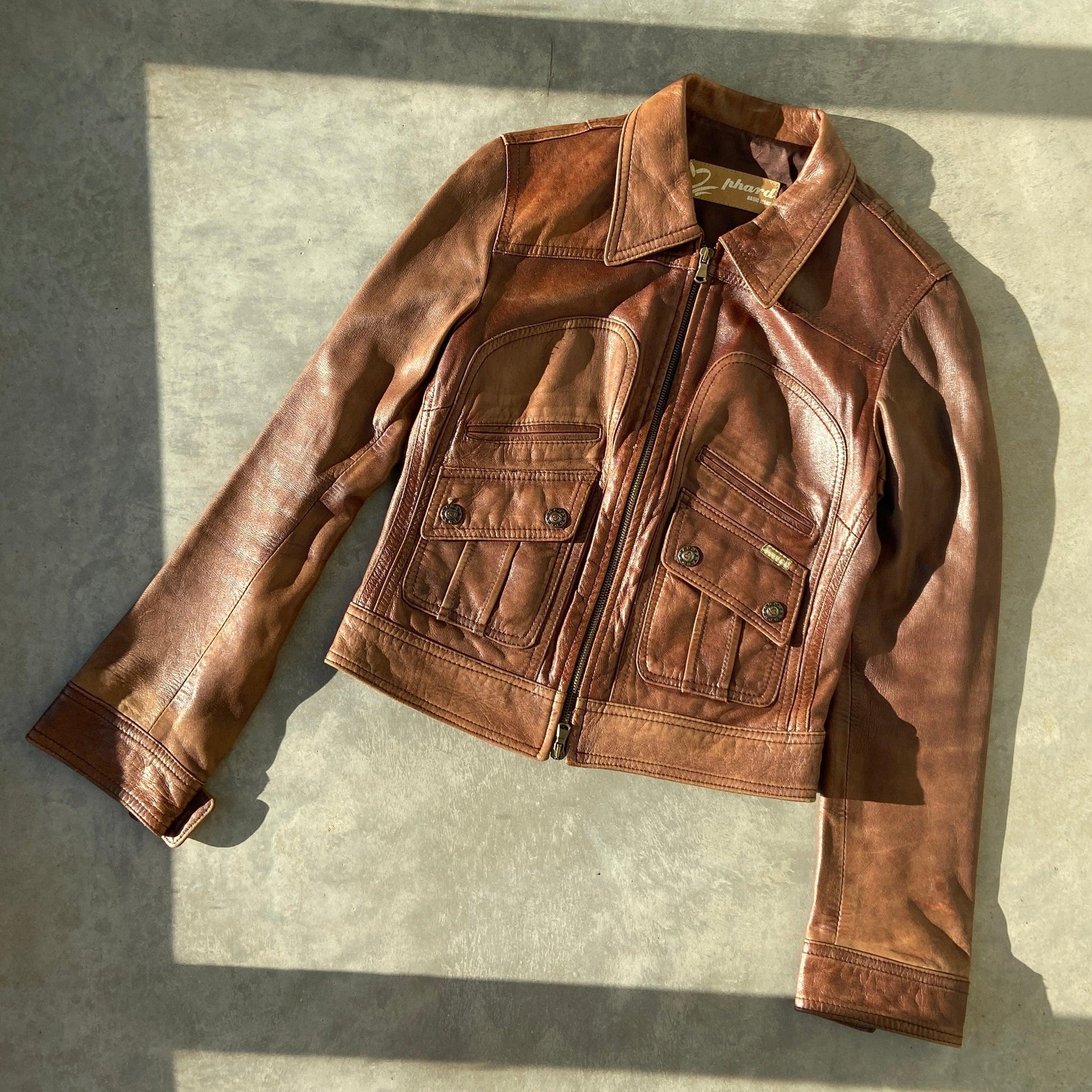 BROWN LEATHER COLLARED JACKET - S - Known Source