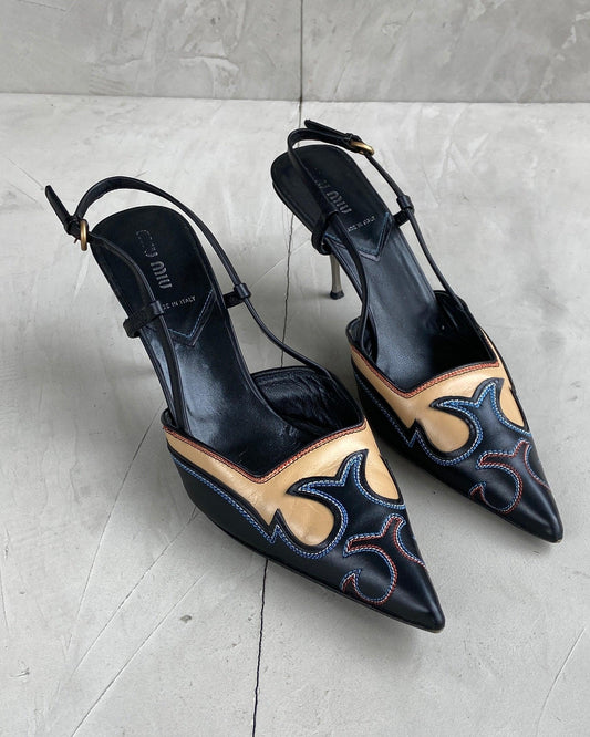 MIU MIU 2000'S WESTERN SLING BACK KITTEN HEELS - EU 39 / UK 6 - Known Source