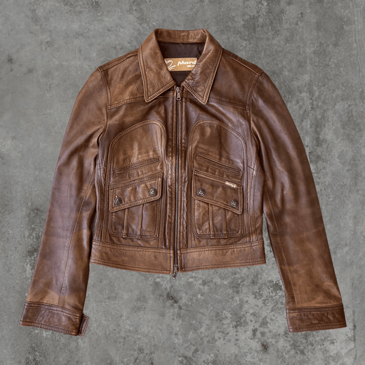 BROWN LEATHER COLLARED JACKET - S - Known Source