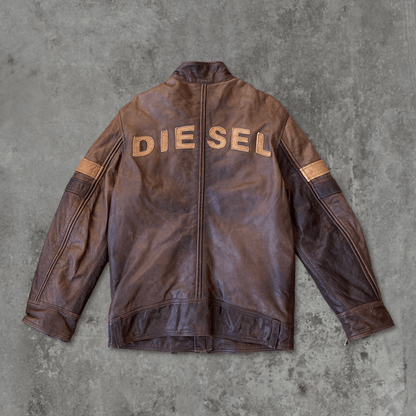 DIESEL SPELL-OUT BROWN LEATHER JACKET - M - Known Source