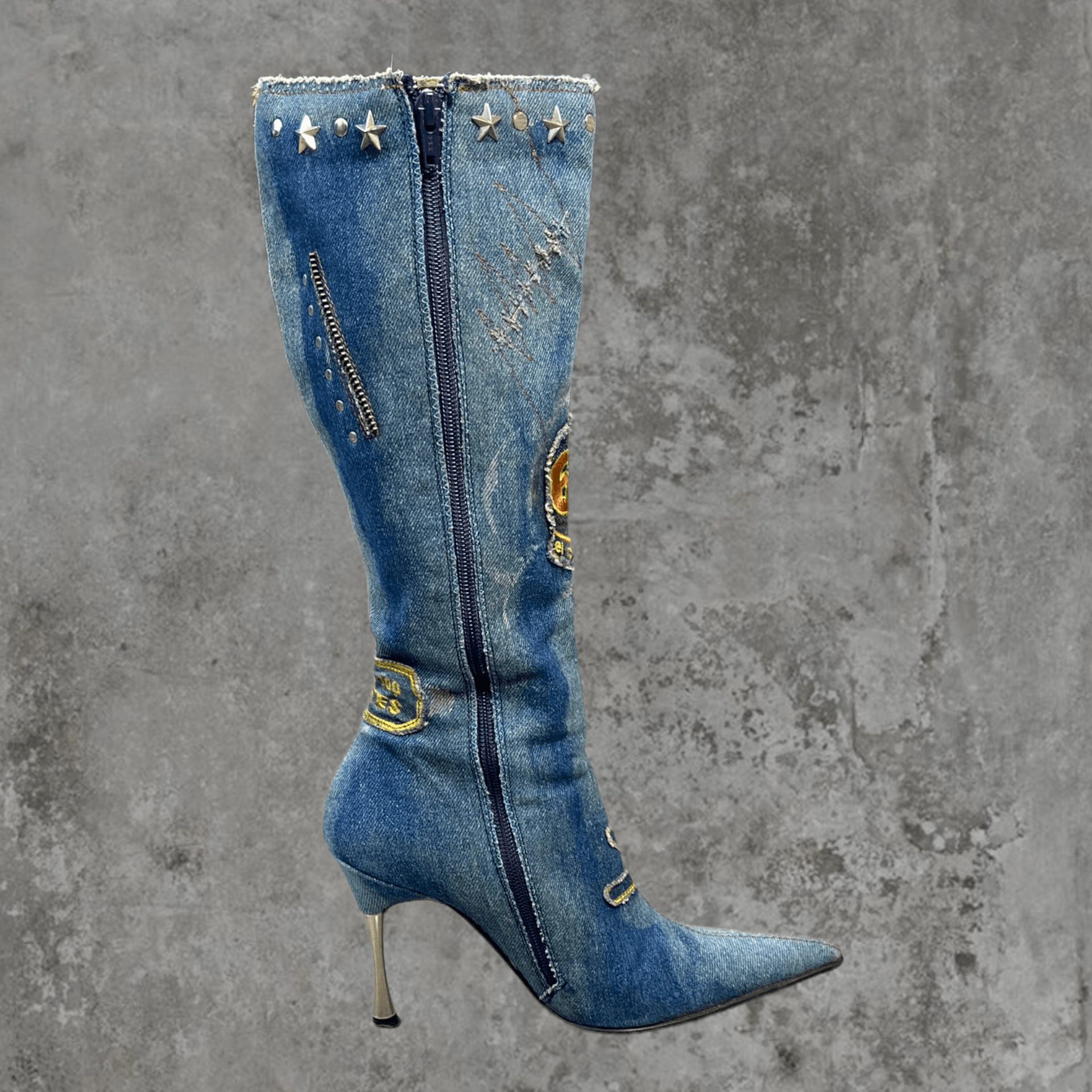 EL DANTES DENIM PATCHWORK HEELED BOOTS - EU 38 - Known Source