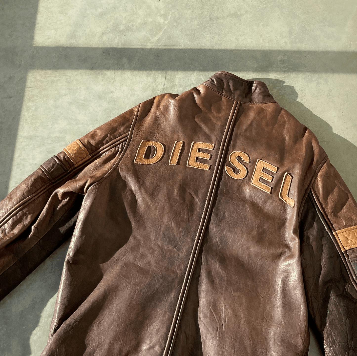 DIESEL SPELL-OUT BROWN LEATHER JACKET - M - Known Source
