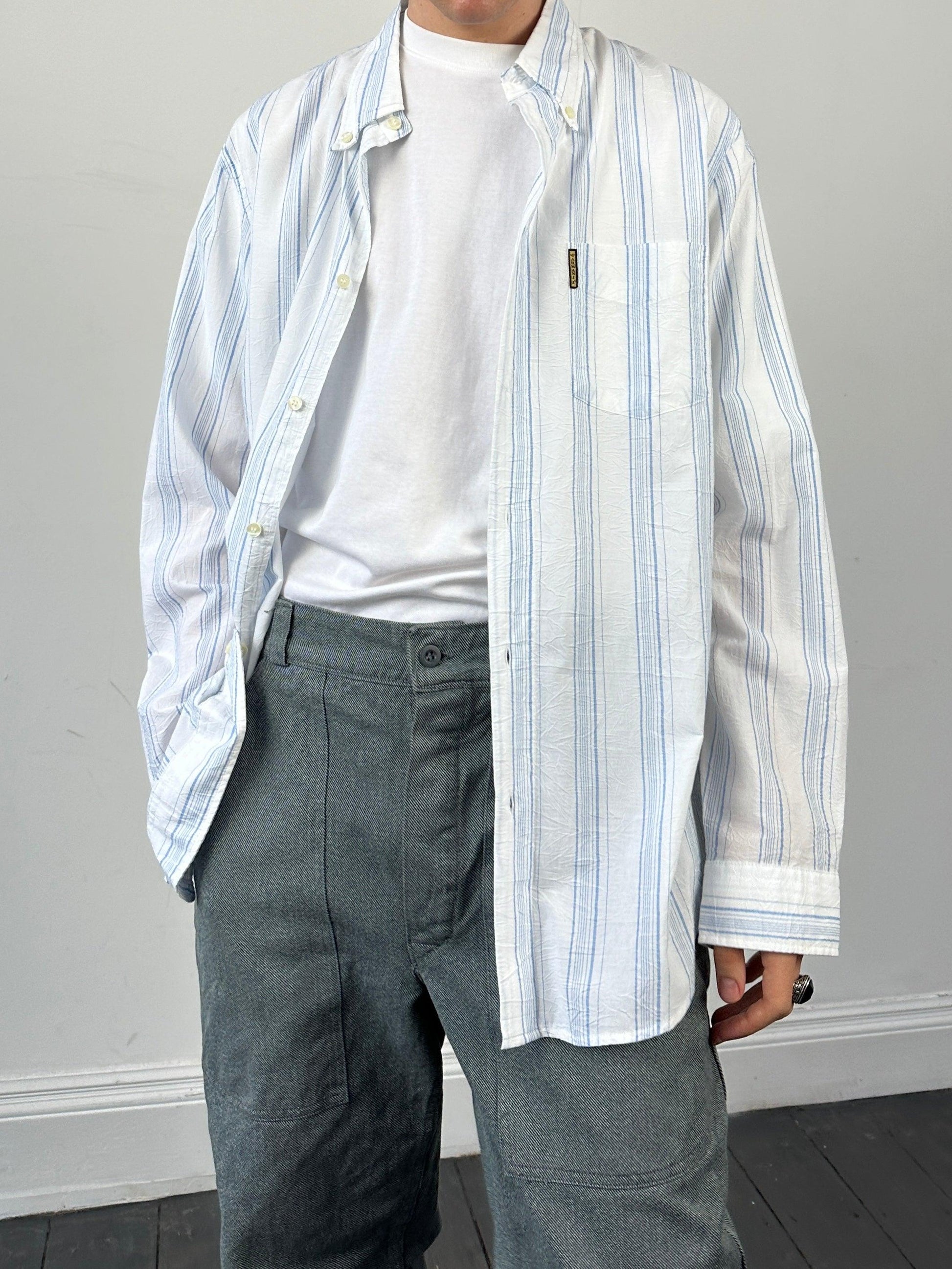 Armani Jeans Stripe Crinkle Cotton Logo Shirt - XL - Known Source