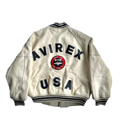 Avirex White leather Logo Bomber Jacket - Known Source