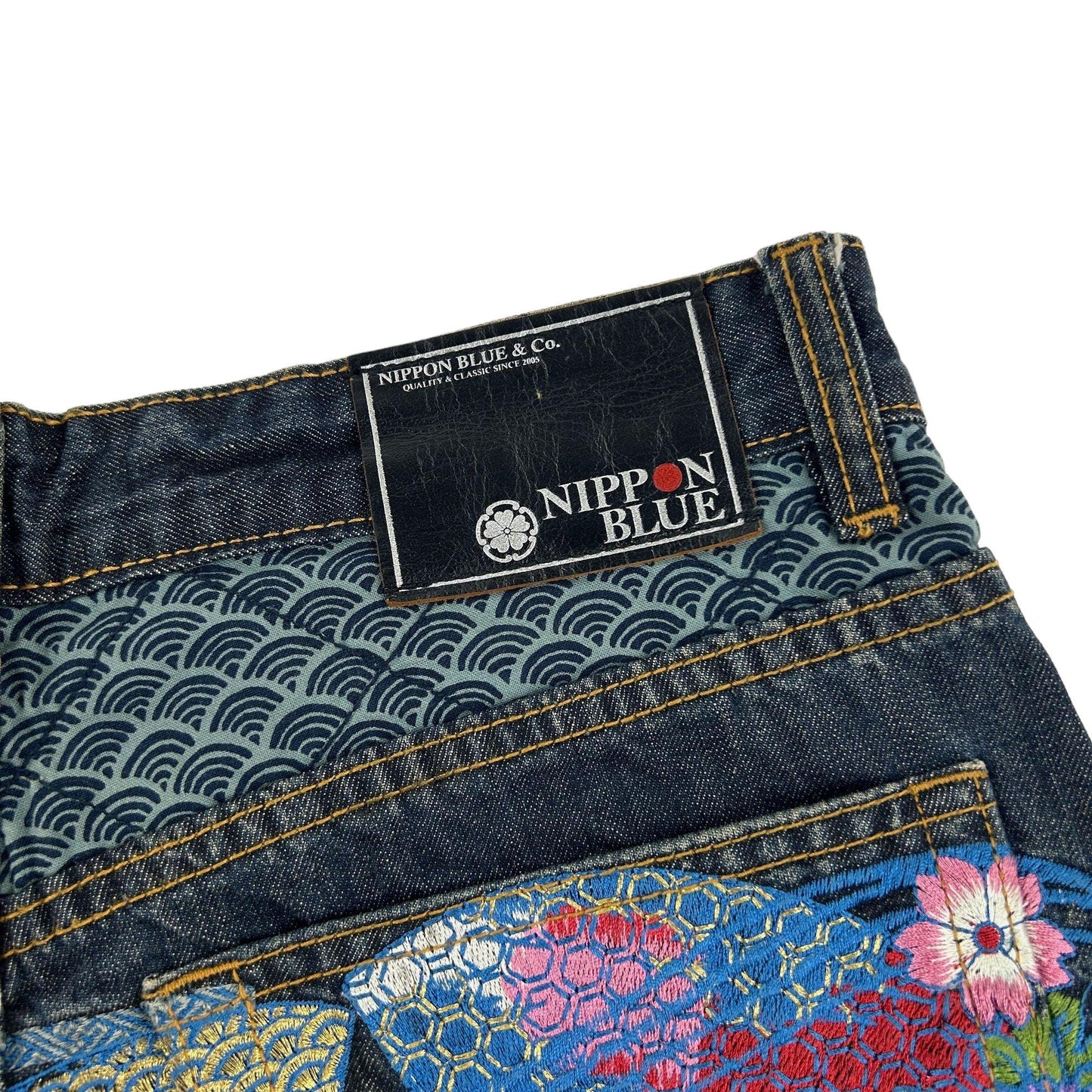 Vintage Koi Fish Nippon Blue Embroidered Japanese Denim Jeans Size W28 - Known Source