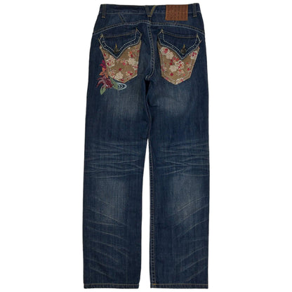 Vintage Flower Big Train Japanese Embroidered Distressed Denim Jeans Size W32 - Known Source