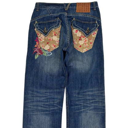 Vintage Flower Big Train Japanese Embroidered Distressed Denim Jeans Size W32 - Known Source