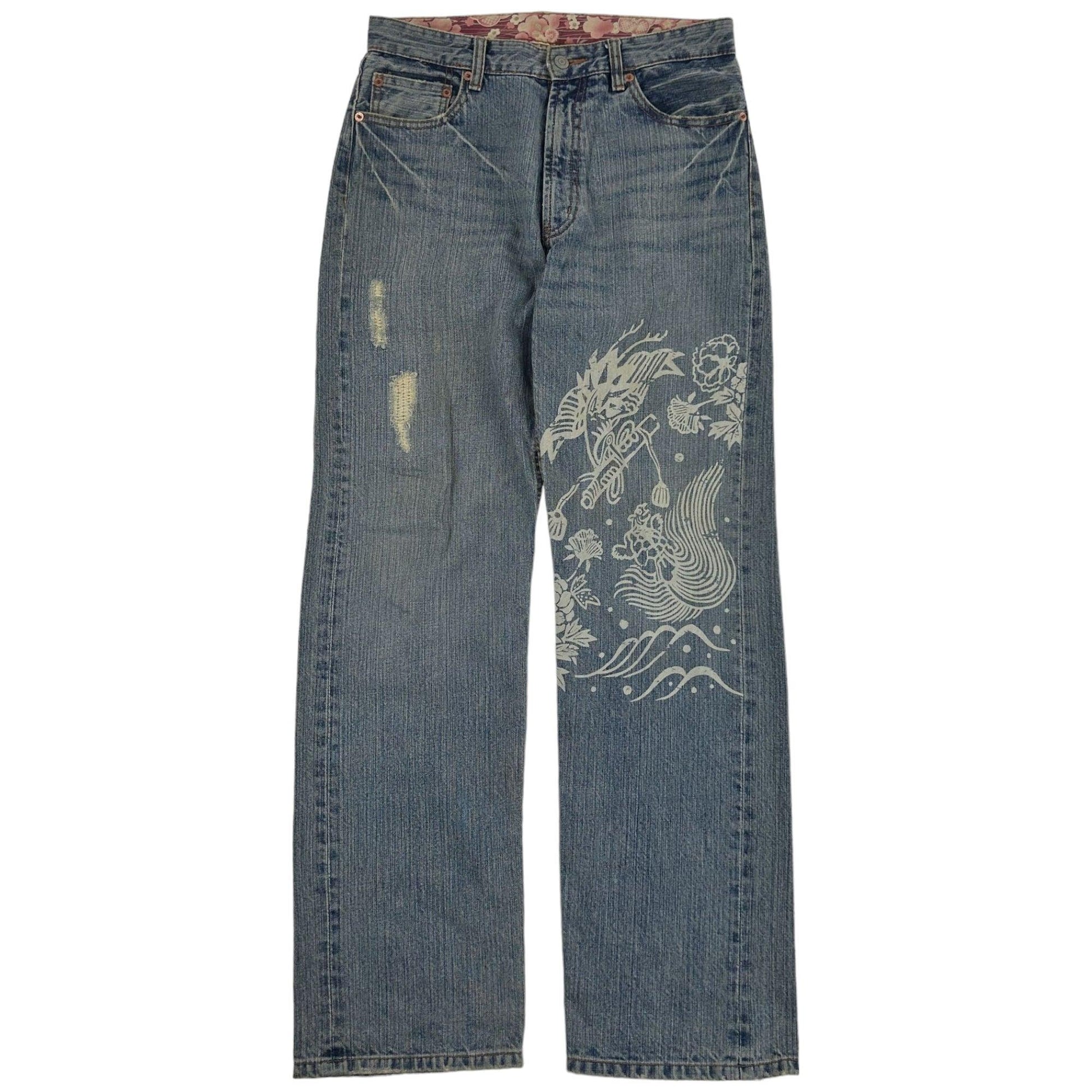 Vintage Birds And Waves Japanese Denim Jeans Size W30 - Known Source