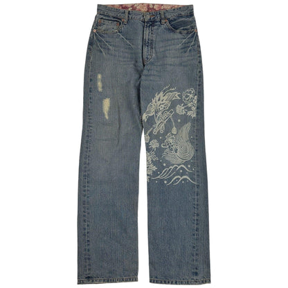 Vintage Birds And Waves Japanese Denim Jeans Size W30 - Known Source