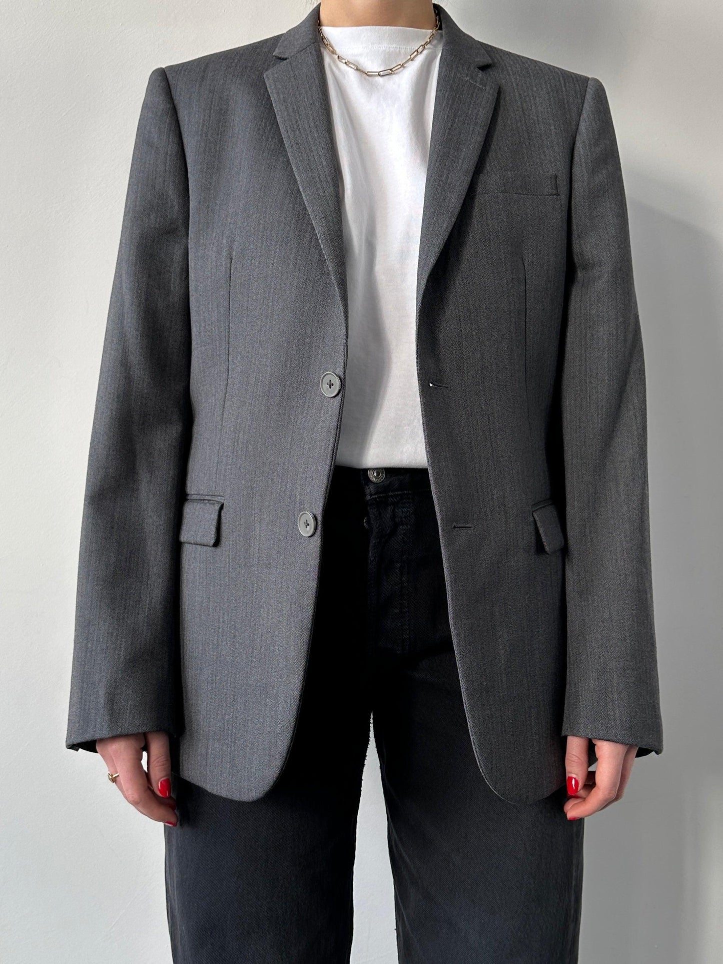 DKNY Herringbone Single Breasted Wool Blazer - Known Source