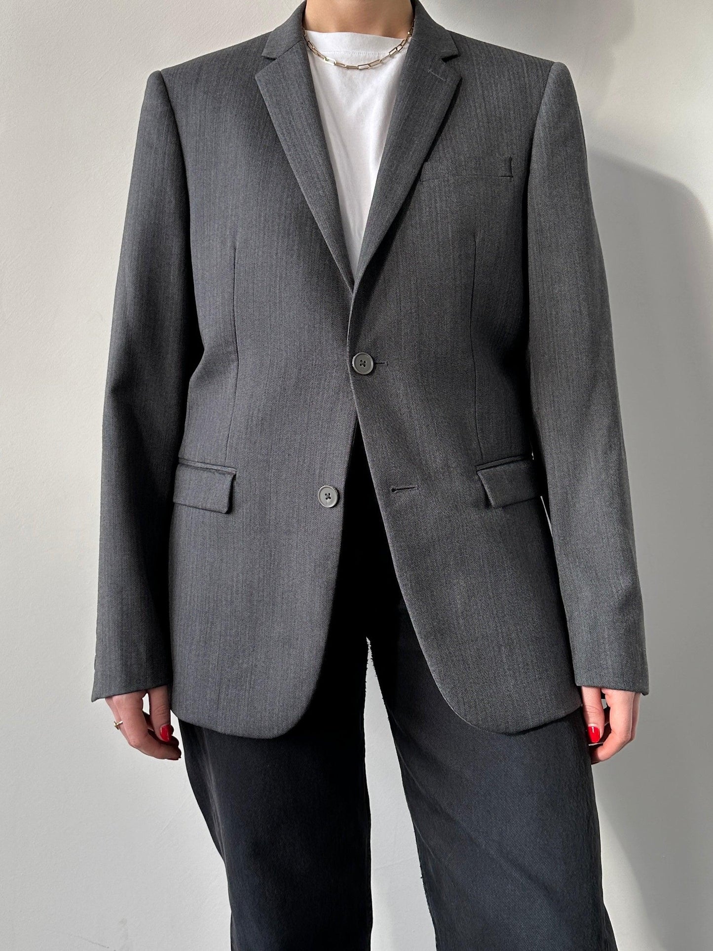 DKNY Herringbone Single Breasted Wool Blazer - Known Source