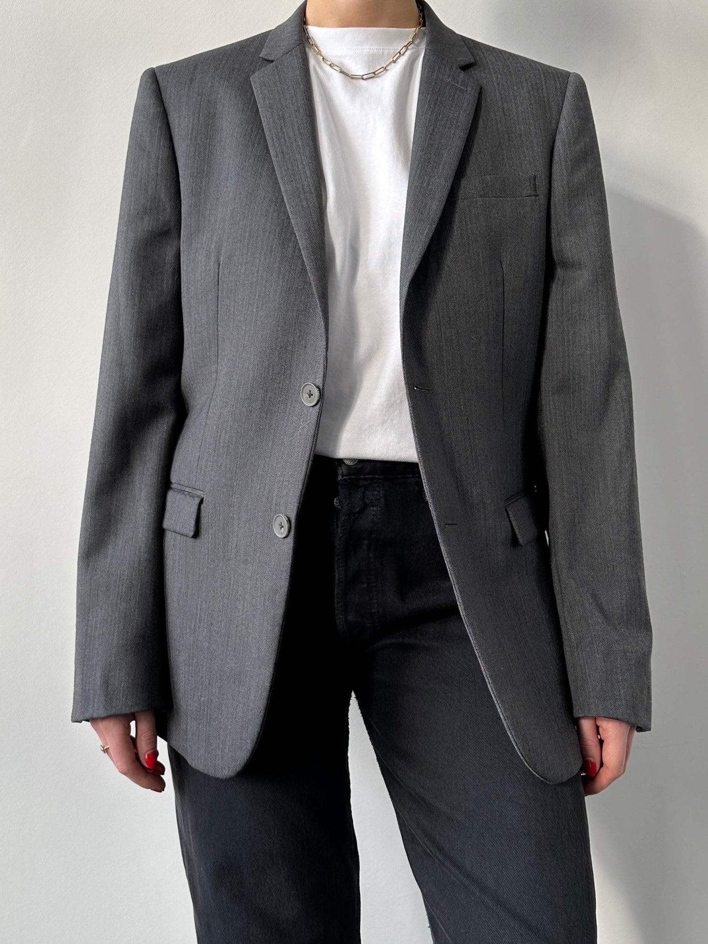 DKNY Herringbone Single Breasted Wool Blazer - Known Source