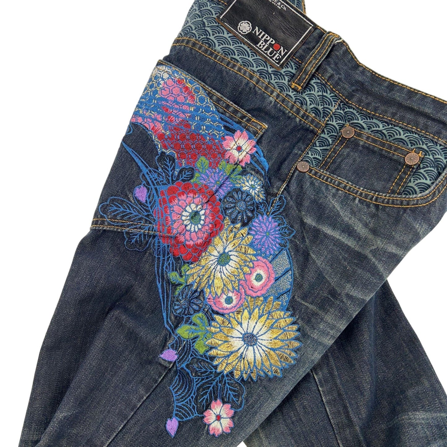 Vintage Koi Fish Nippon Blue Embroidered Japanese Denim Jeans Size W28 - Known Source