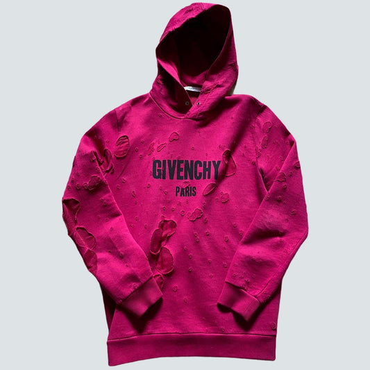 Givenchy Cherry Pink Destroyed Distressed Logo Hoodie (M) - Known Source