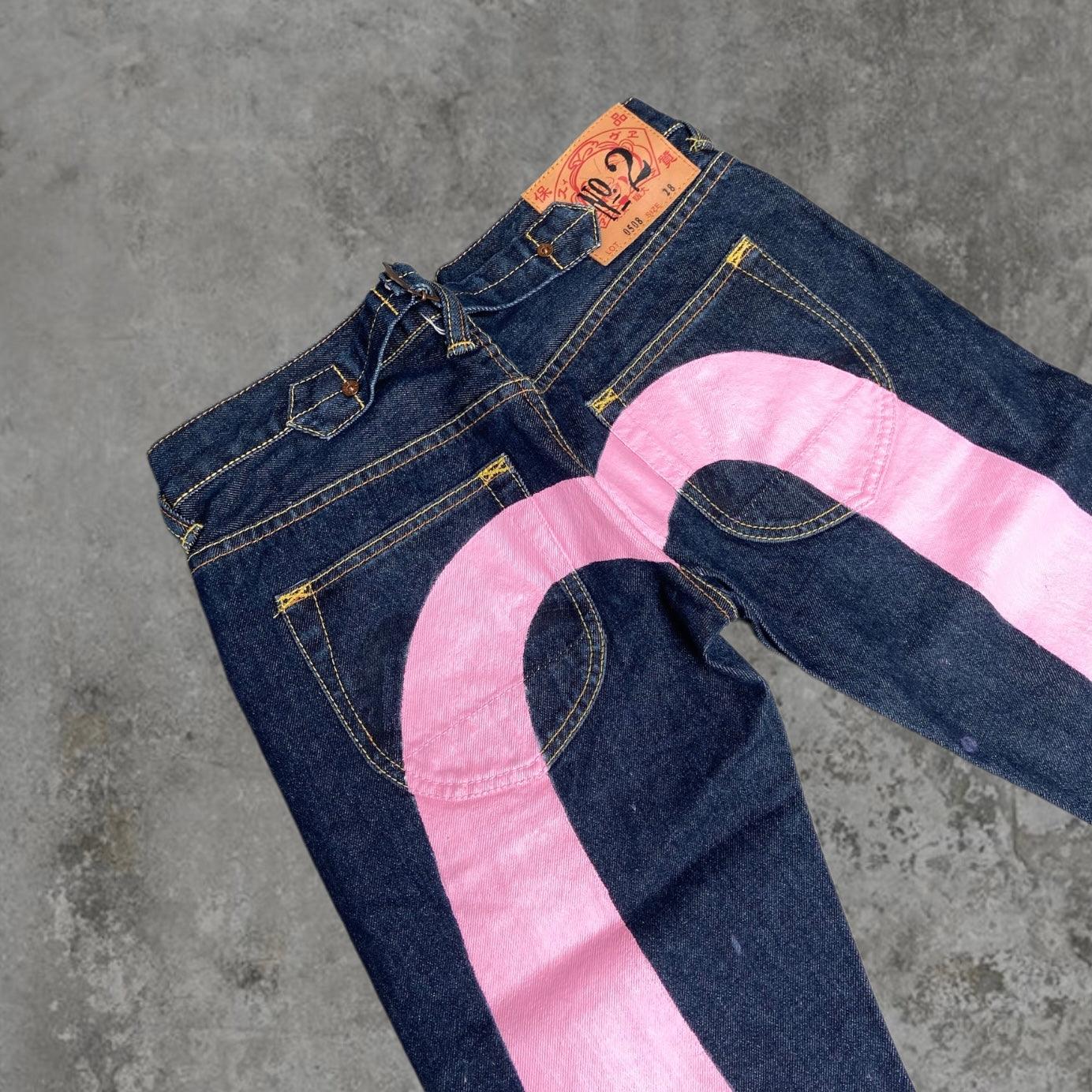 EVISU LOW-RISE PINK DAICOCK SELVEDGE JEANS - W27" - Known Source