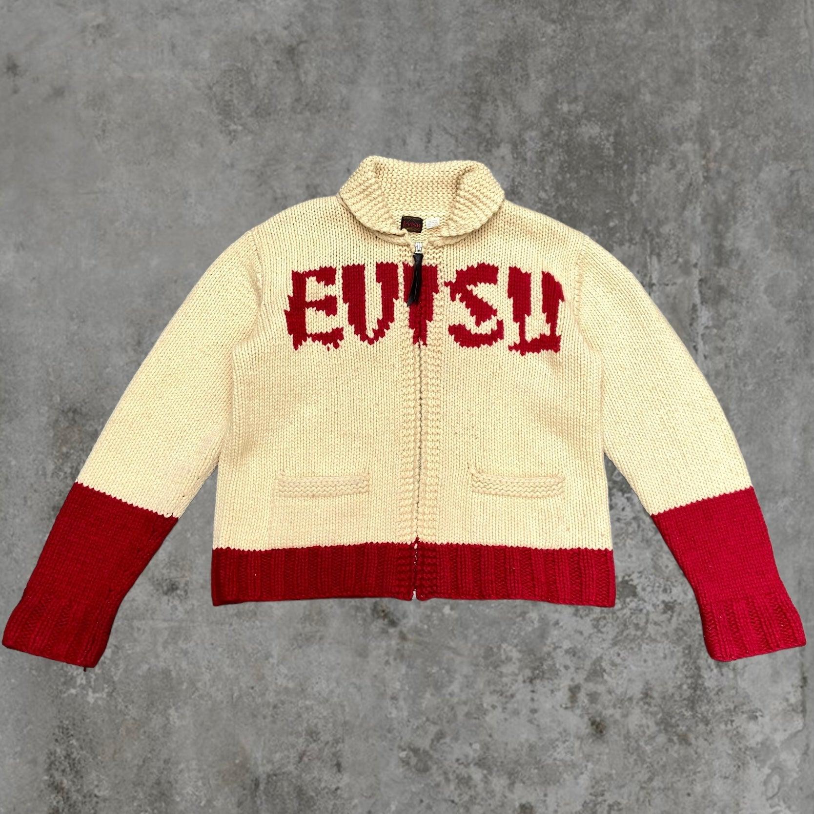 EVISU GRAPHIC CHUNKY KNIT CARDIGAN - M - Known Source