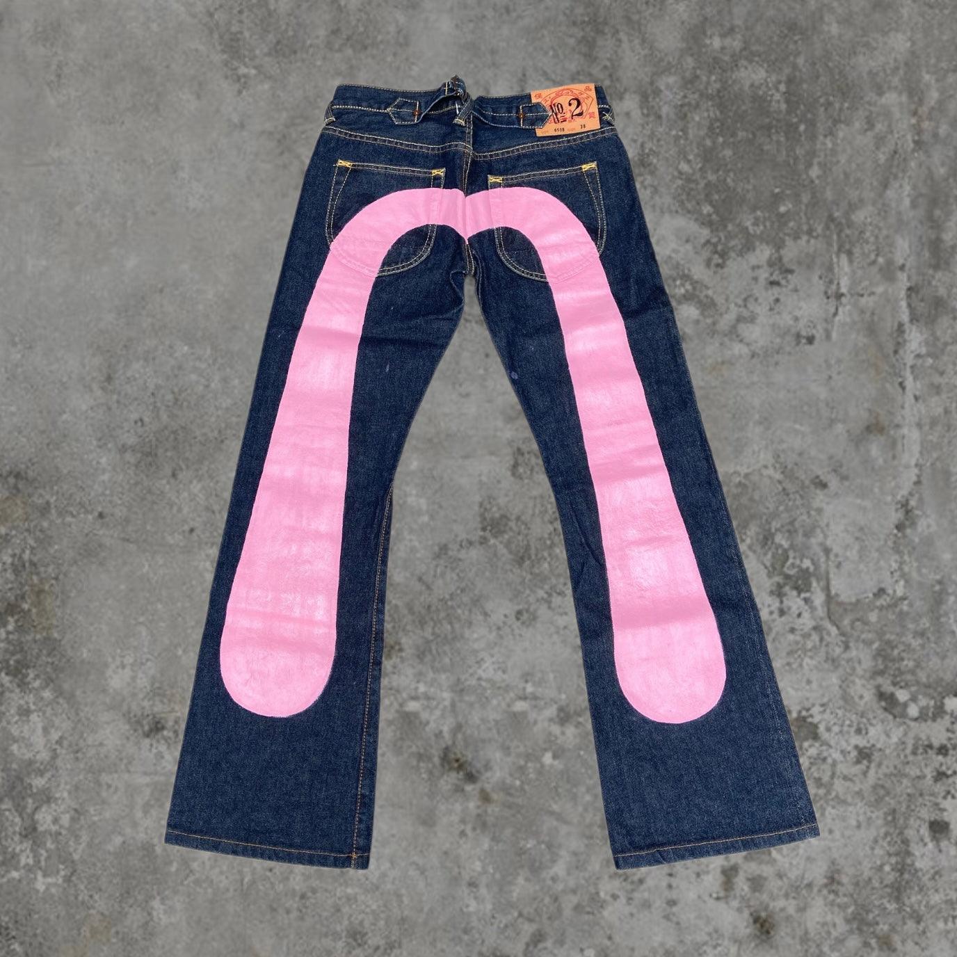 EVISU LOW-RISE PINK DAICOCK SELVEDGE JEANS - W27" - Known Source