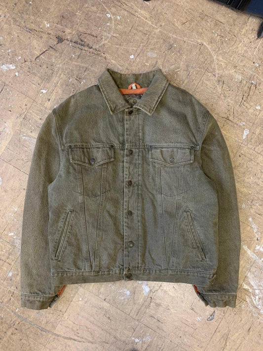 (L) Armani 1980s Super Heavyweight Washed Padded Trucker Jacket with Contrast Quilted Lining - Known Source