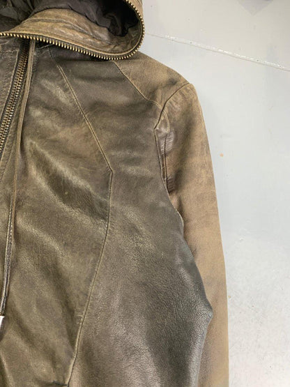 (L) Dirk Bikkembergs AW1998 Distressed Leather Multi Zip Gimp Hooded Bomber Jacket - Known Source