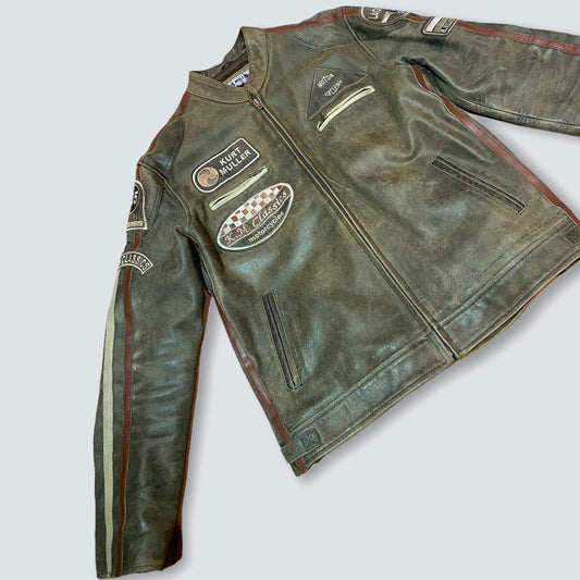 light brown vintage Kurt Muller British Motorcycle Wax Leather Badges Jacket Biker Tan red and white Striped (Xl) - Known Source