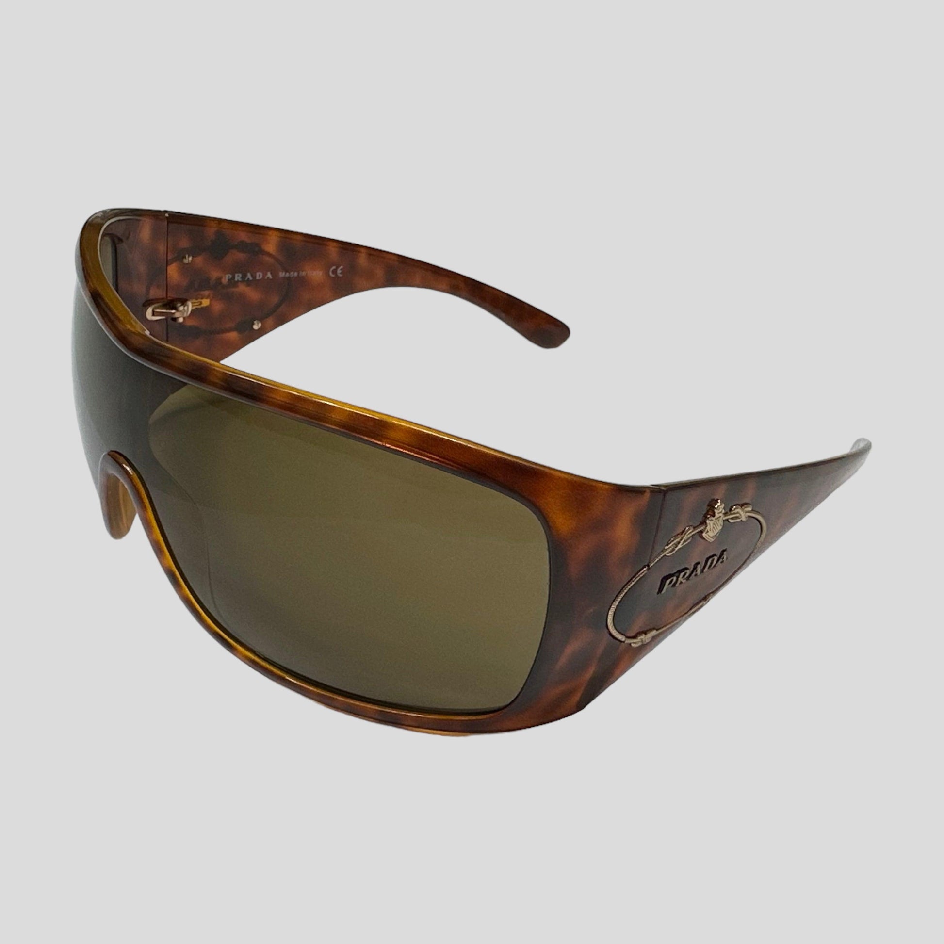 Prada 2005 Tortoiseshell Wraparound Shield Logo Sunglasses - Known Source