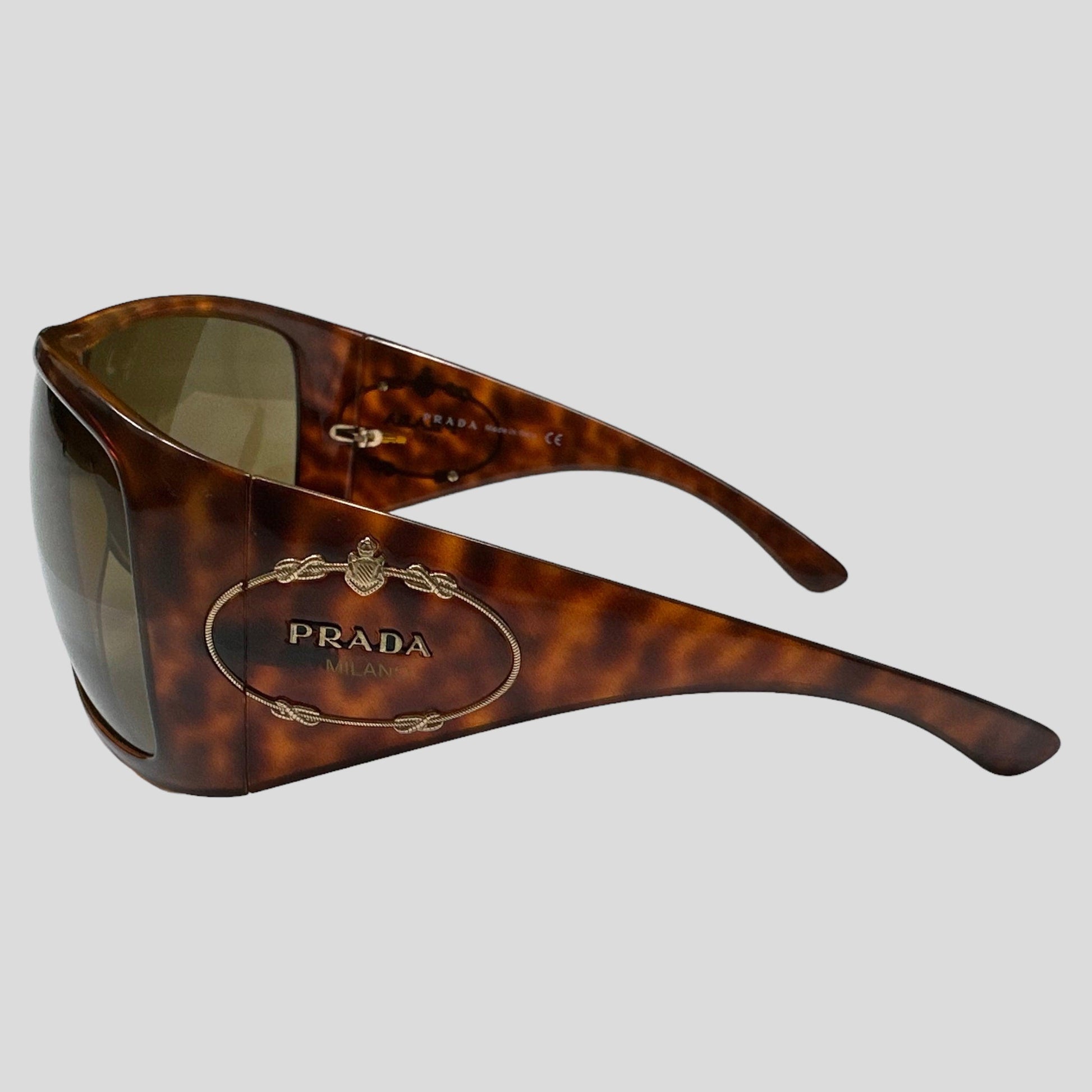 Prada 2005 Tortoiseshell Wraparound Shield Logo Sunglasses - Known Source