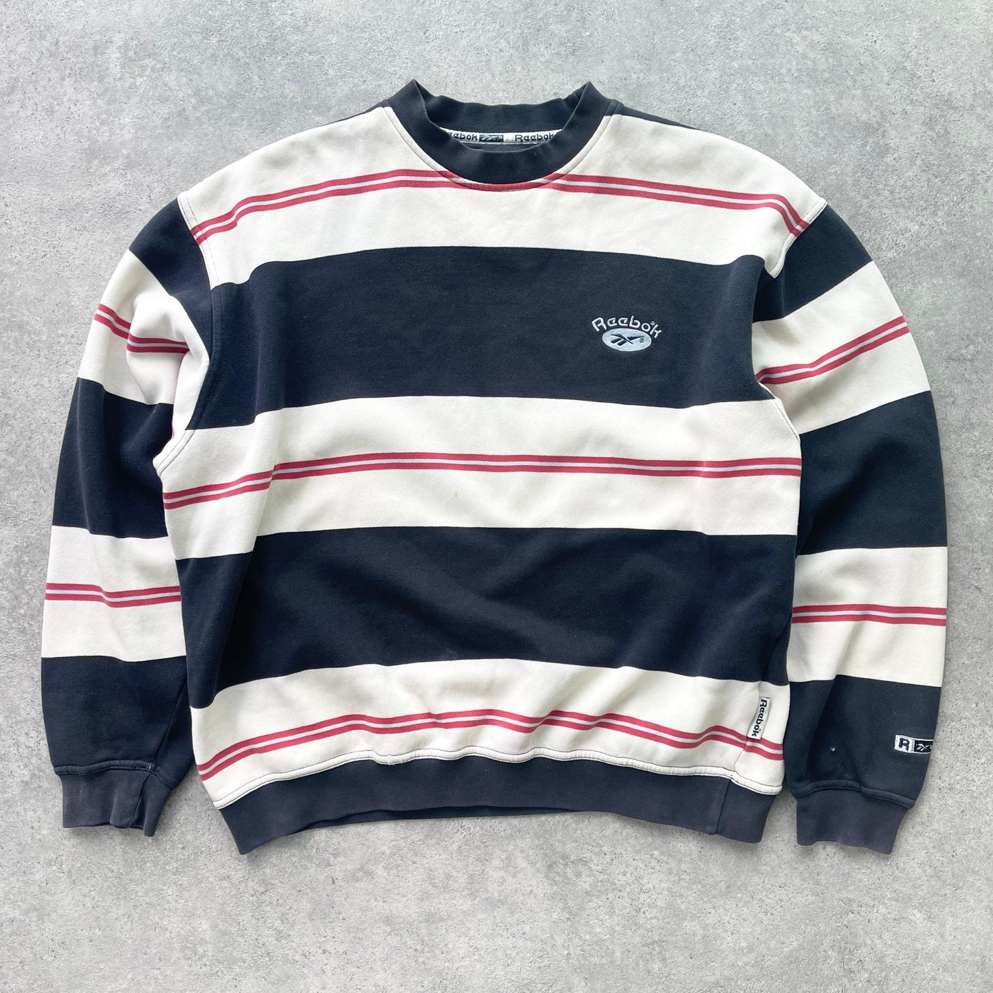 Reebok 1990s heavyweight striped embroidered sweatshirt (L) - Known Source
