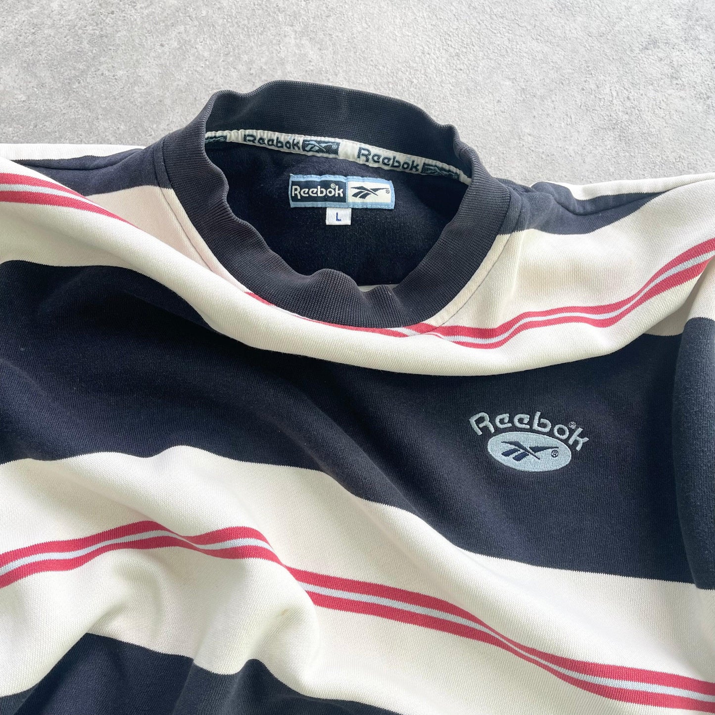 Reebok 1990s heavyweight striped embroidered sweatshirt (L) - Known Source