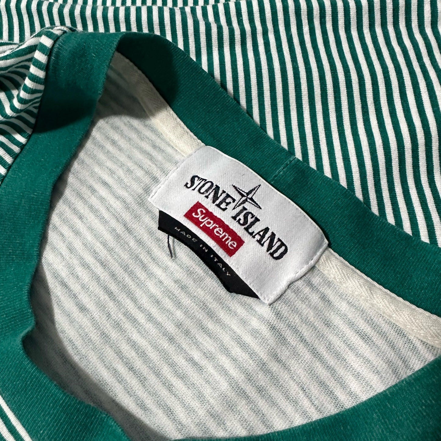 Stone Island x Supreme Striped Long Sleeved T Shirt with Spell Out Logo - Known Source