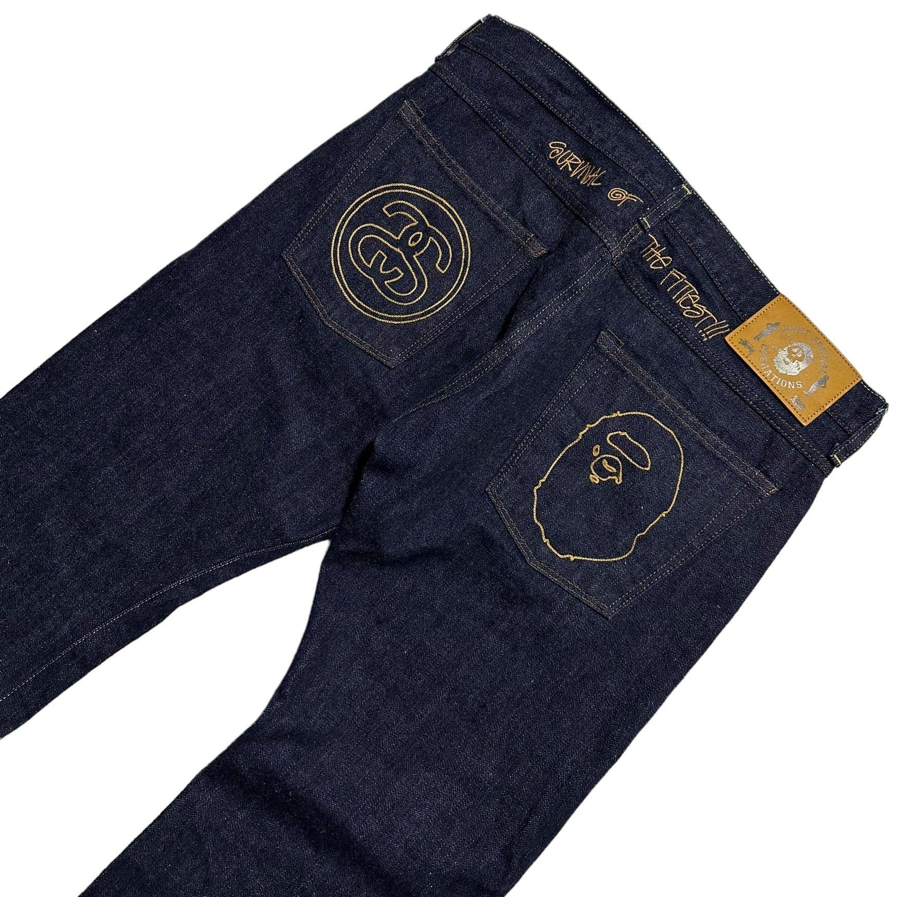 Stussy x Bape Contrast Stitching Logo Denim Jeans - Known Source