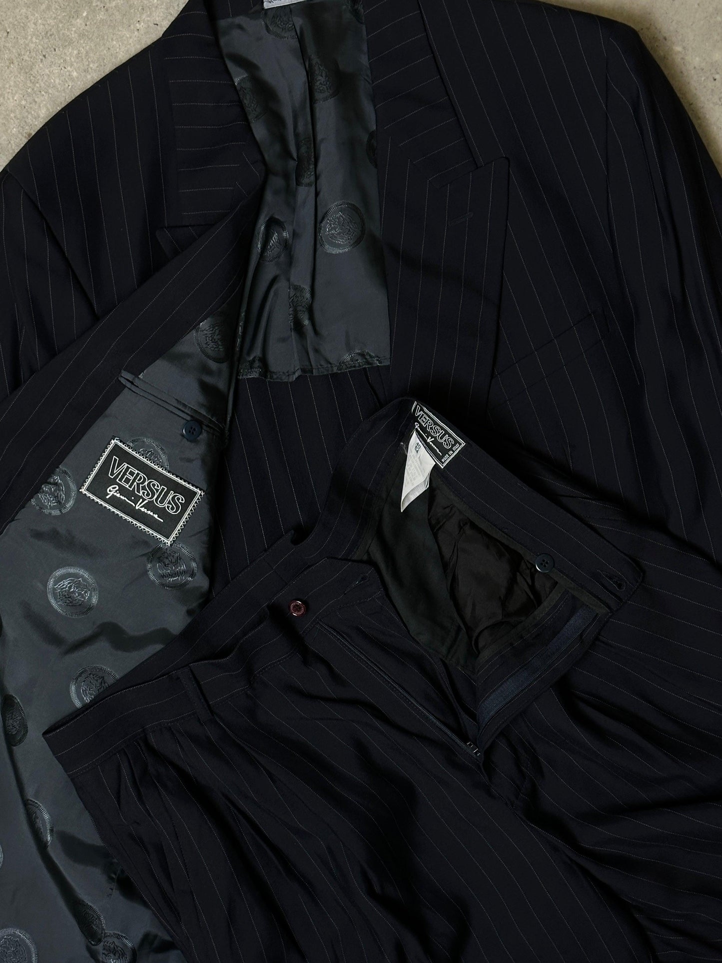Versace Wool Pinstripe Double Breasted Suit - 44L/W34 - Known Source